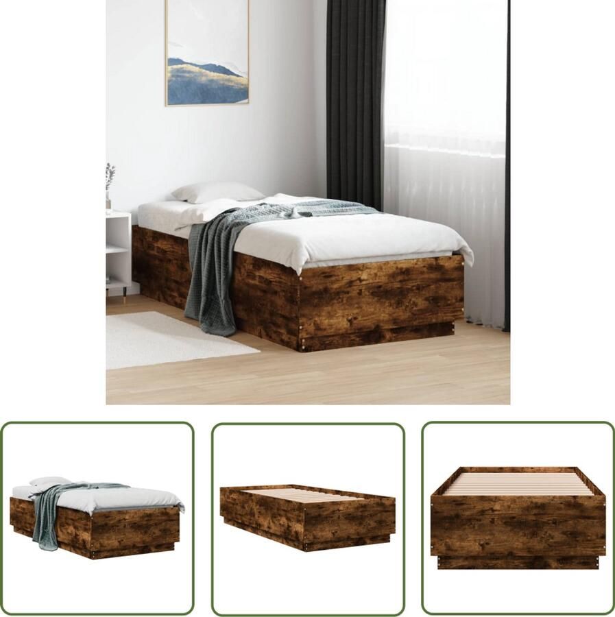 VidaXL Bedframe bewerkt hout gerookt eikenkleurig 75x190 cm Bedframe Houten Bed Bruine Bed Compact Bed Tweepersoonsbed