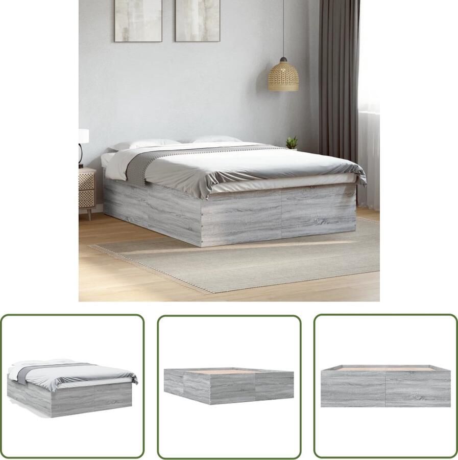 The Living Store Bedframe Grijs Sonoma Eiken 203x163x45 cm Bewerkt hout met lattenbodem Bedframe Houten Bed Tweepersoons Bed Modern Bed Grijze Bed