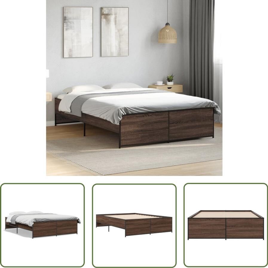 VidaXL Bedframe bewerkt hout metaal bruin eikenkleur 135x190 cm Bedframe Houten Bed Bedkast Bruine Bed Tweepersoonsbed
