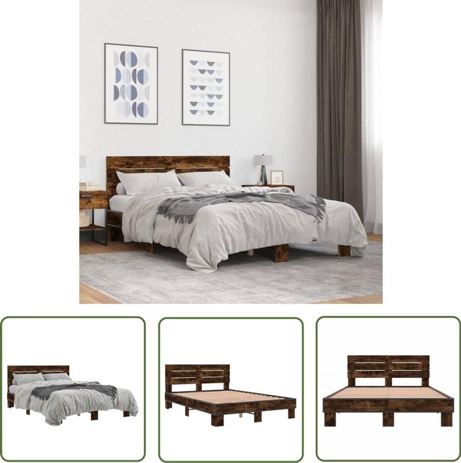 VidaXL Bedframe bewerkt hout metaal gerookt eikenkleurig 140x190 cm Bedframe Houten Bed Bruine Bed Slaapcomfort Bedroom Furniture