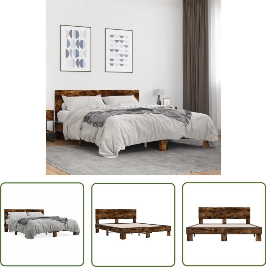 VidaXL Bedframe bewerkt hout metaal gerookt eikenkleurig 150x200 cm Bedframe Houten Bed Bruine Bed Tweepersoonsbed King Size Bed