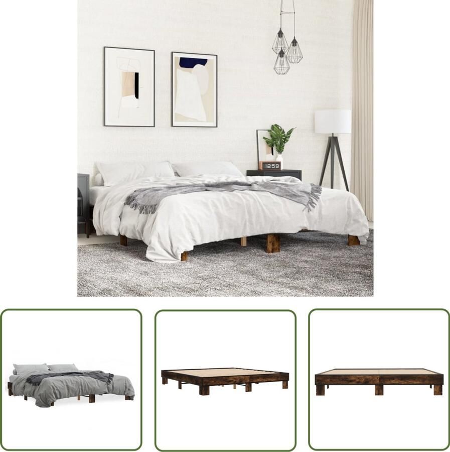 VidaXL Bedframe bewerkt hout metaal gerookt eikenkleurig 160x200 cm Bedframe Houten Bed Bruine Bed Slaapcomfort Bedroom Furniture