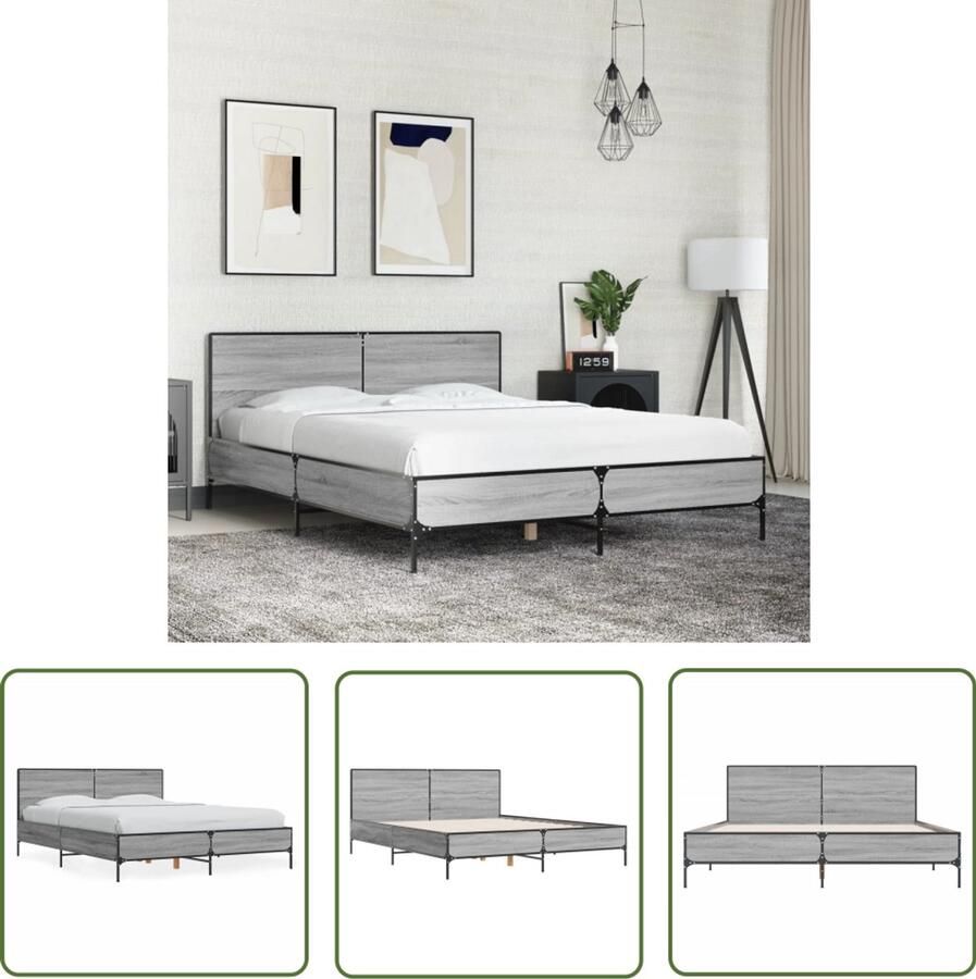 VidaXL Bedframe bewerkt hout metaal grijs sonoma eiken 120x190 cm Bedframe Houten Bed Slaapcomfort Design Bed Tweepersoonsbed