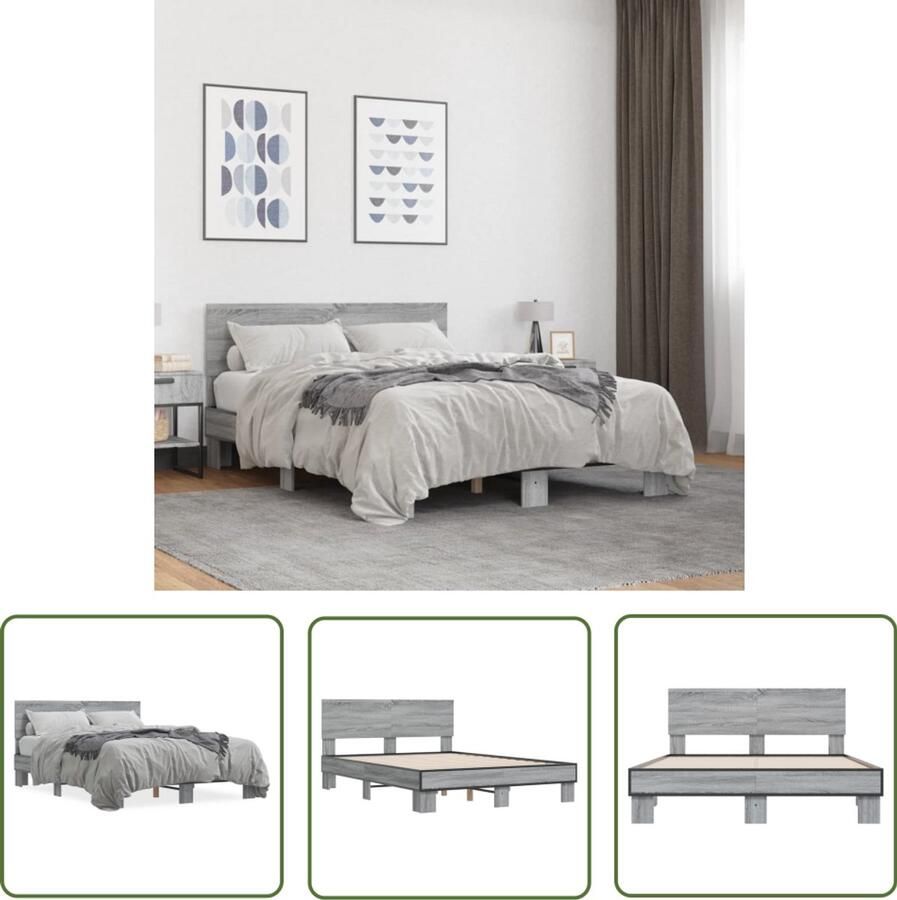 VidaXL Bedframe bewerkt hout metaal grijs sonoma eiken 120x190 cm Bedframe Houten Bed Slaapcomfort Tweepersoonsbed Grijze Bed
