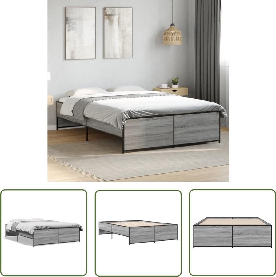 VidaXL Bedframe bewerkt hout metaal grijs sonoma eiken 135x190 cm Bedframe Houten Bed Grijs Bed Sonoma Eiken Bed Tweepersoons Bed
