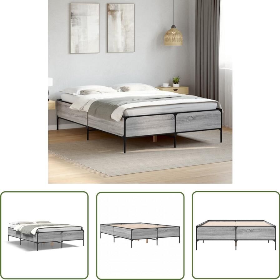 VidaXL Bedframe bewerkt hout metaal grijs sonoma eiken 160x200 cm Bedframe Houten Bed Grijs Bed Sonoma Eiken Bed Tweepersoonsbed