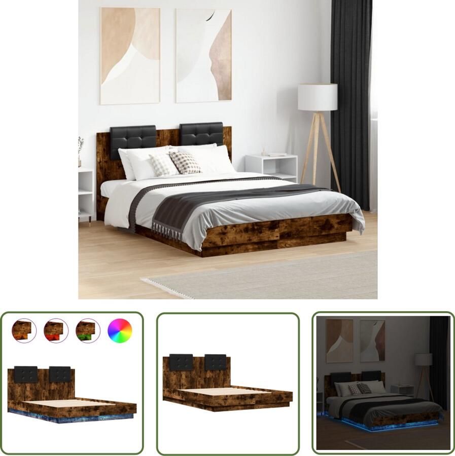 VidaXL Bedframe met hoofdbord en LED gerookt eikenkleur 120x190 cm Bedframe Houten Bed Led Bed Slaapcomfort Bedroom Decoratie