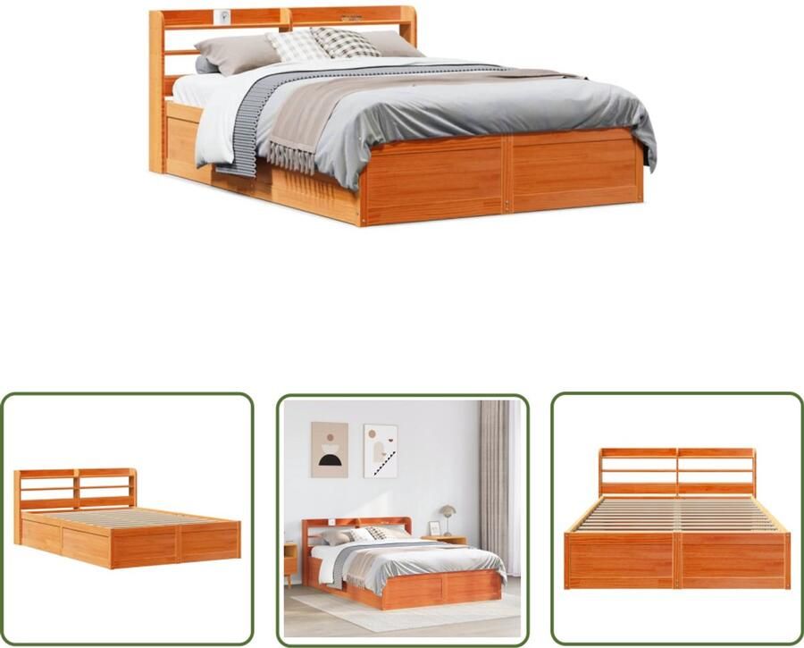 VidaXL Bedframe met hoofdbord massief grenenhout wasbruin 120x190 cm Bedframe Houten Bed Met Opbergvakken Grenen Hout Kingsize Bed