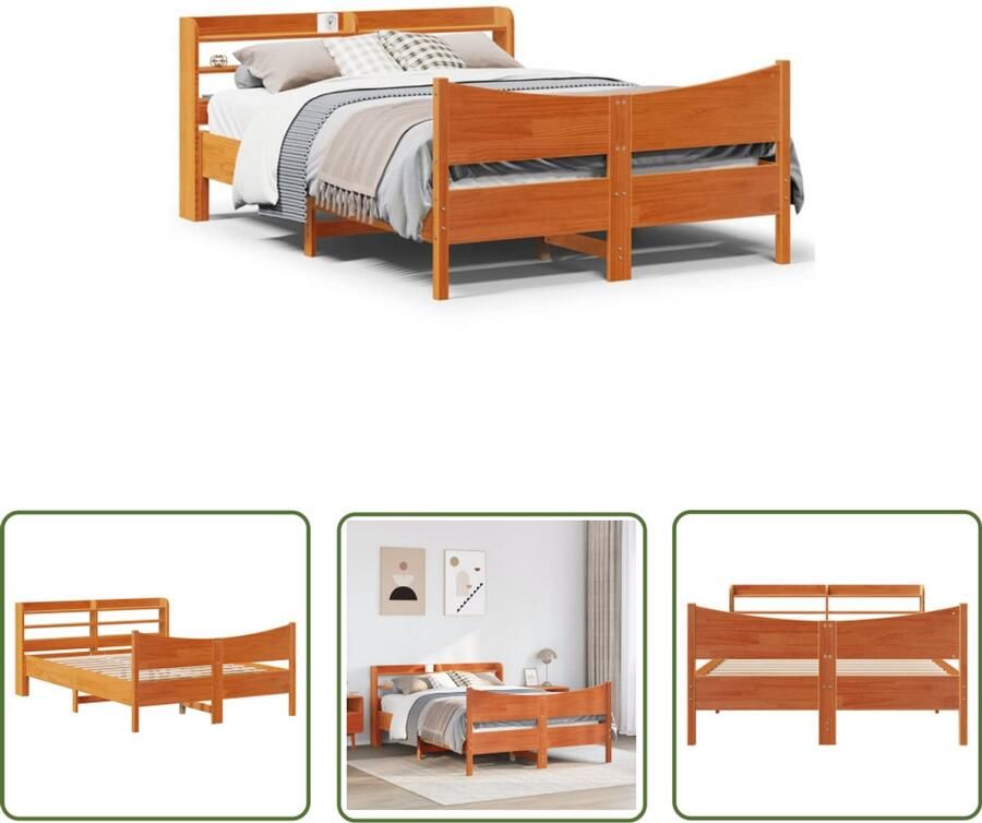VidaXL Bedframe met hoofdbord massief grenenhout wasbruin 120x190 cm Bedframe Houten Bed Hoofdbord Bed Met Lade Slaapkamers