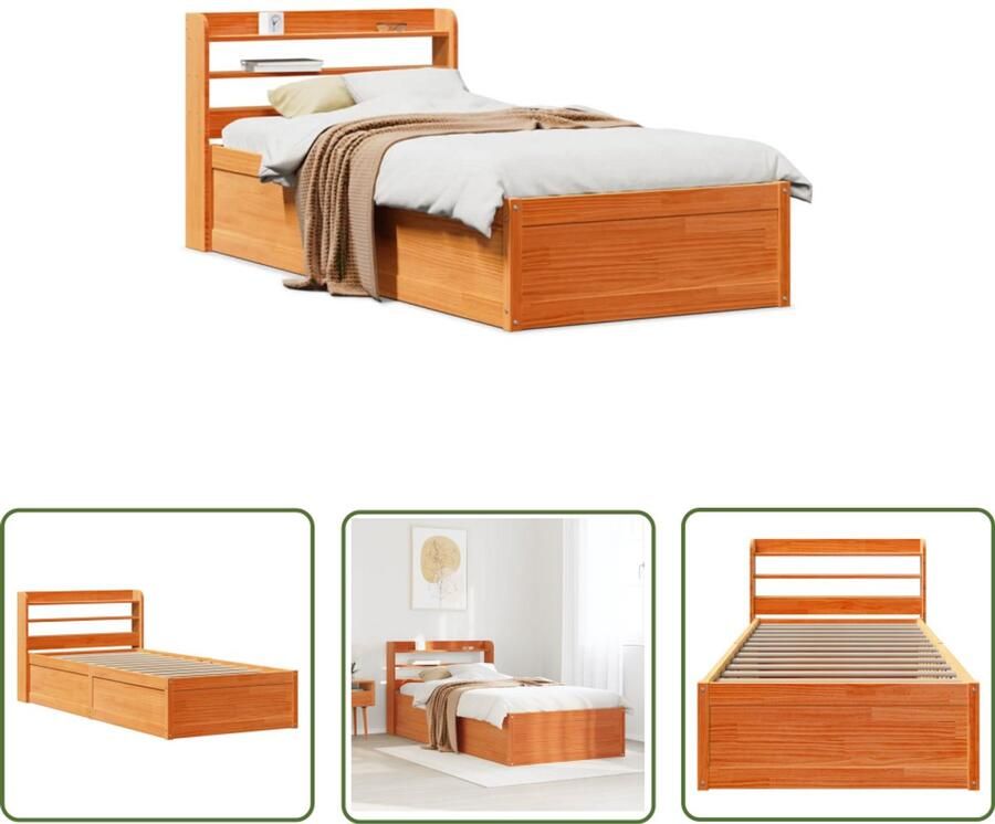 VidaXL Bedframe met hoofdbord massief grenenhout wasbruin 75x190 cm Bedframe Houten Bed Massief Grenenhout Bed Met Hoofdbord Slaapkamers