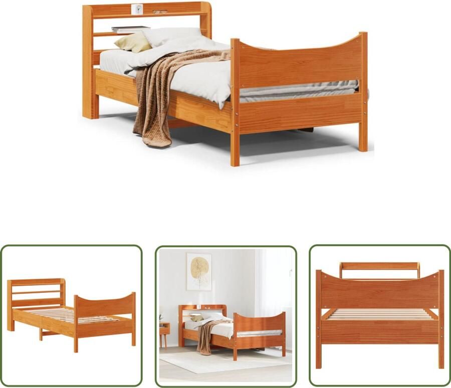 VidaXL Bedframe met hoofdbord massief grenenhout wasbruin 75x190 cm Bedframe Houten Bed Slaapcomfort Hoofdbord Grenenhout