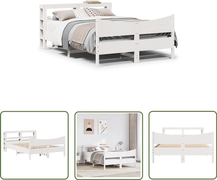 The Living Store Bedframe met hoofdbord massief grenenhout wit 150x200 cm Bedframe Houten Bed Grenen Hout Bed Tweepersoons Bed Met Opbergvakken