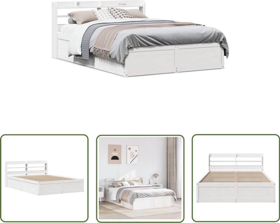 VidaXL Bedframe met hoofdbord massief grenenhout wit 150x200 cm Bedframe Houten Bed Slaapkamers Bed Met Opbergvakken Kingsize Bed