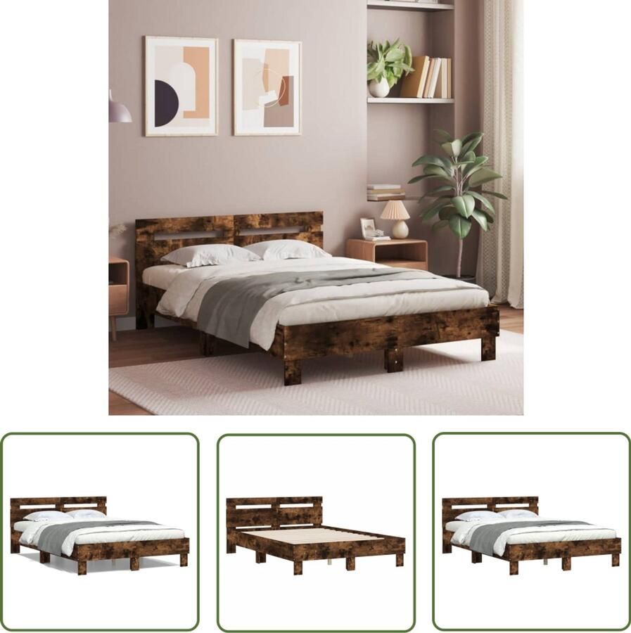 VidaXL Bedframe met hoofdeinde bewerkt hout gerookt eiken 135x190 cm Bedframe Houten Bed Bruine Bedbank Tweepersoonsbed Slaapkamermeubilair