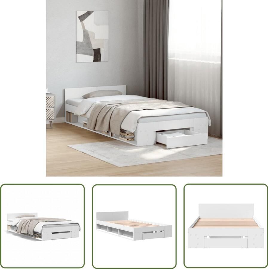 VidaXL Bedframe met lade bewerkt hout wit 90x190 cm Bedframe Houten Bed Witte Bed Tweepersoonsbed Compact Bed