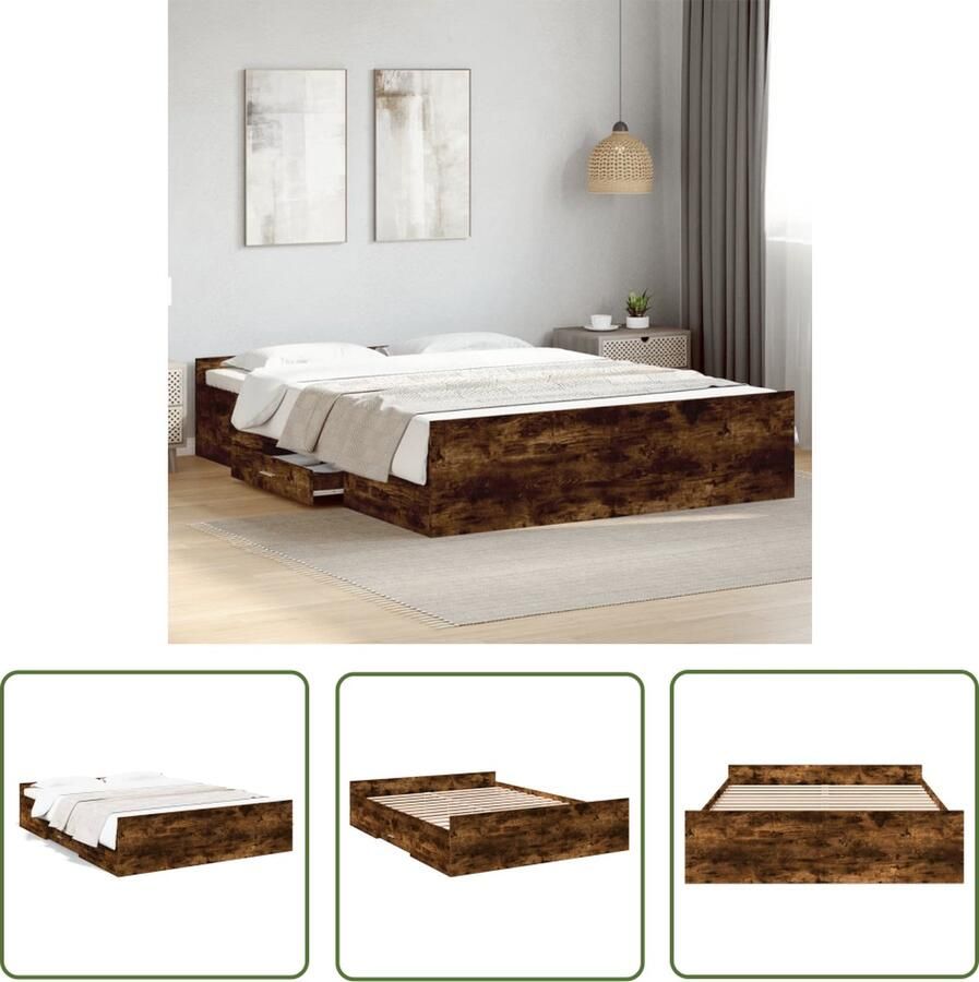 The Living Store Bedframe met lades bewerkt hout gerookt eikenkleurig 150x200 cm Bedframe Houten Bed Slaapkamersdecoratie Boxspring Bedladekast