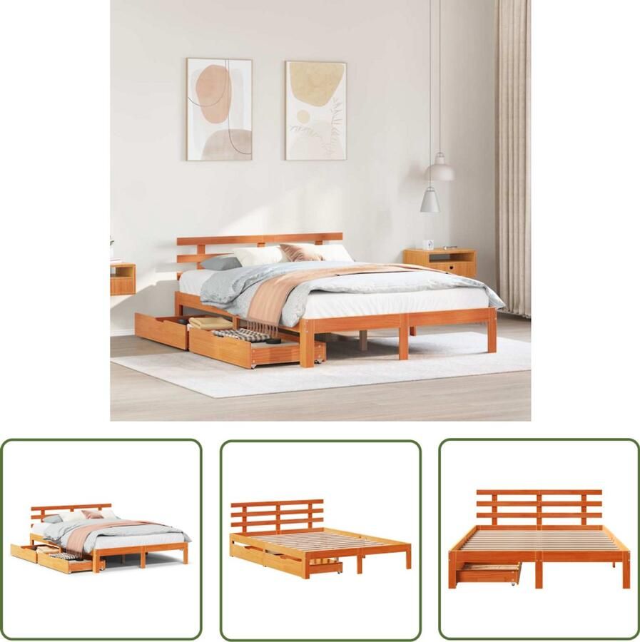 VidaXL Bedframe met lades massief grenenhout wasbruin 140x190 cm Bedframe Houten Bed Slaapkamers Bed Met Lades Grenenhouten Bed