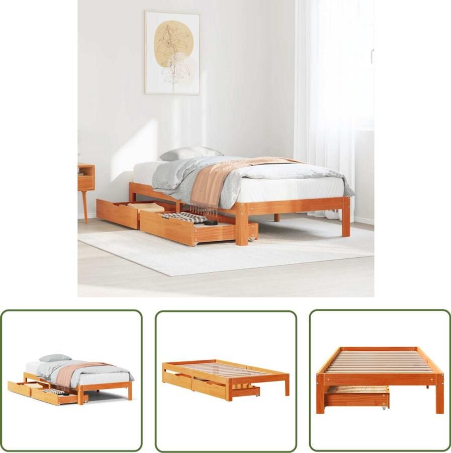 VidaXL Bedframe met lades massief grenenhout wasbruin 75x190 cm Bedframe Houten Bed Met Lades Slaapkamers Kinderkamer