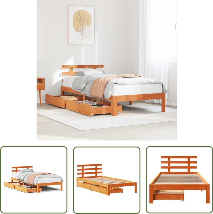VidaXL Bedframe met lades massief grenenhout wasbruin 90x190 cm Bedframe Houten Bed Met Lades Slaapkamers Massief Hout