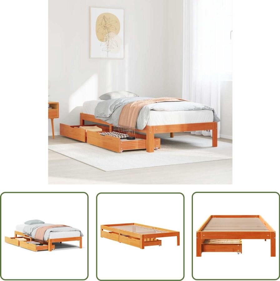 The Living Store Bedframe met lades massief grenenhout wasbruin 90x190 cm Bedframe Houten Bed Tweepersoons Bed Stapelbare Bedbodems Slaapcomfort
