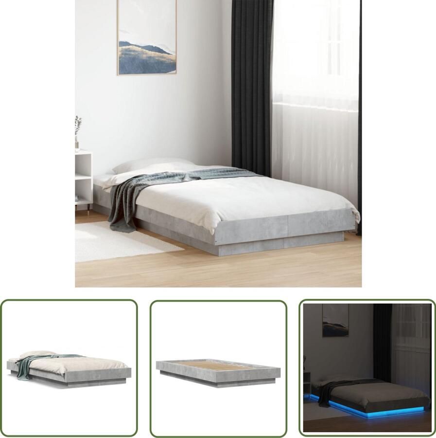 VidaXL Bedframe met LED-verlichting bewerkt hout betongrijs 100x200 cm Bedframe Houten Bed Led Bed Betongrijs Bed Tweepersoons Bed
