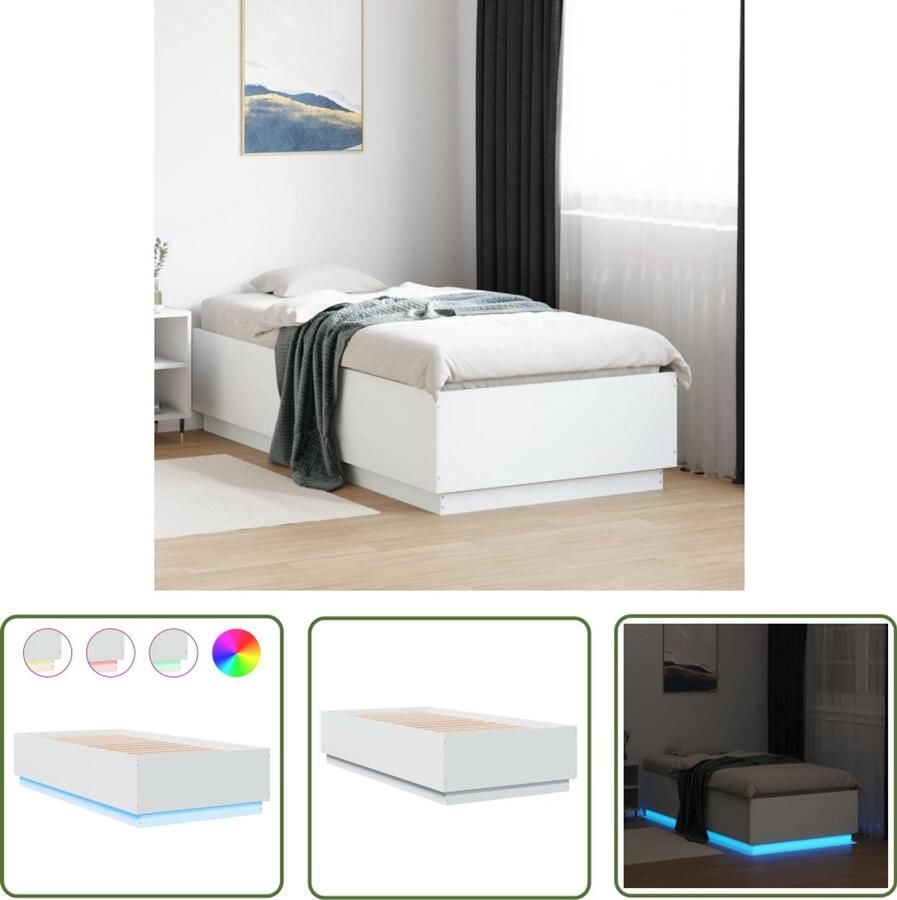 VidaXL Bedframe met LED-verlichting bewerkt hout wit 75x190 cm Bedframe Houten Bed Led Bed Slaapcomfort Bedroom Decor