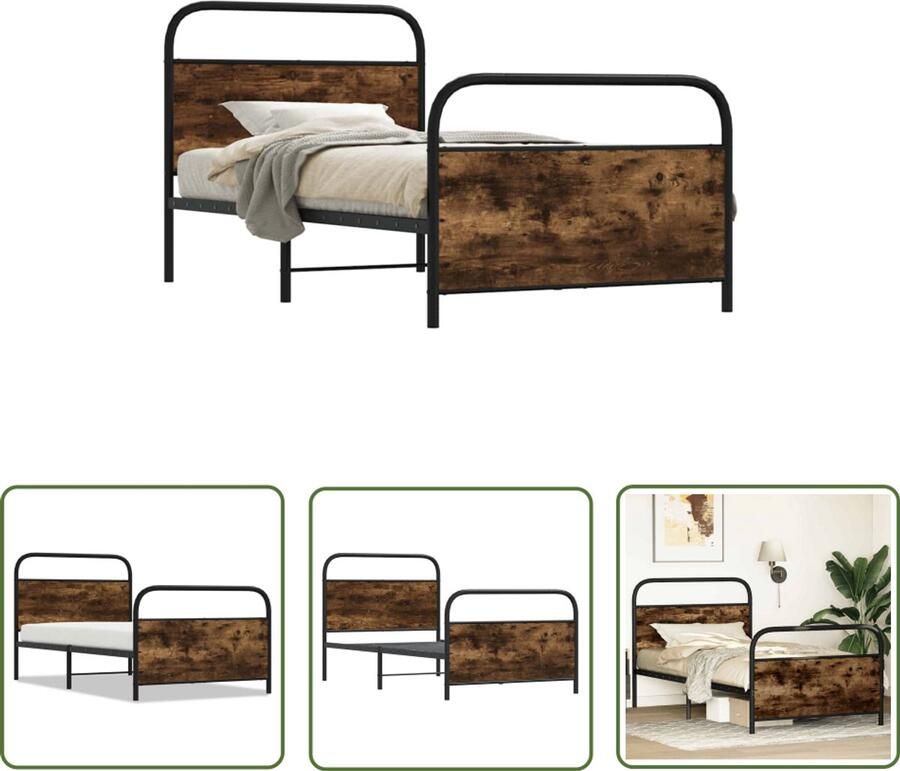 VidaXL Bedframe zonder matras bewerkt hout gerookt eiken 90x200 cm Bedframe Houten Bed Bedkast Boxspring Slaapkamer Decoratie