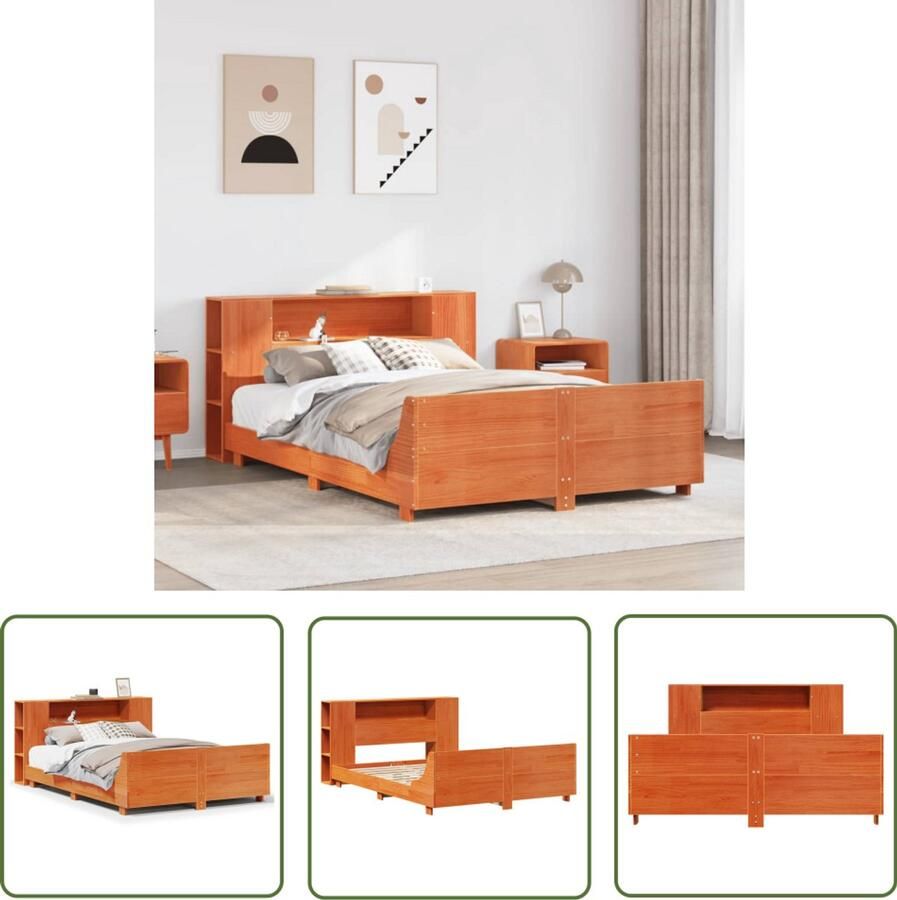 VidaXL Bedframe zonder matras massief grenenhout wasbruin 135x190 cm Bedframe Houten Bed Grenenhouten Bed Met Hoofdbord Tweepersoonsbed