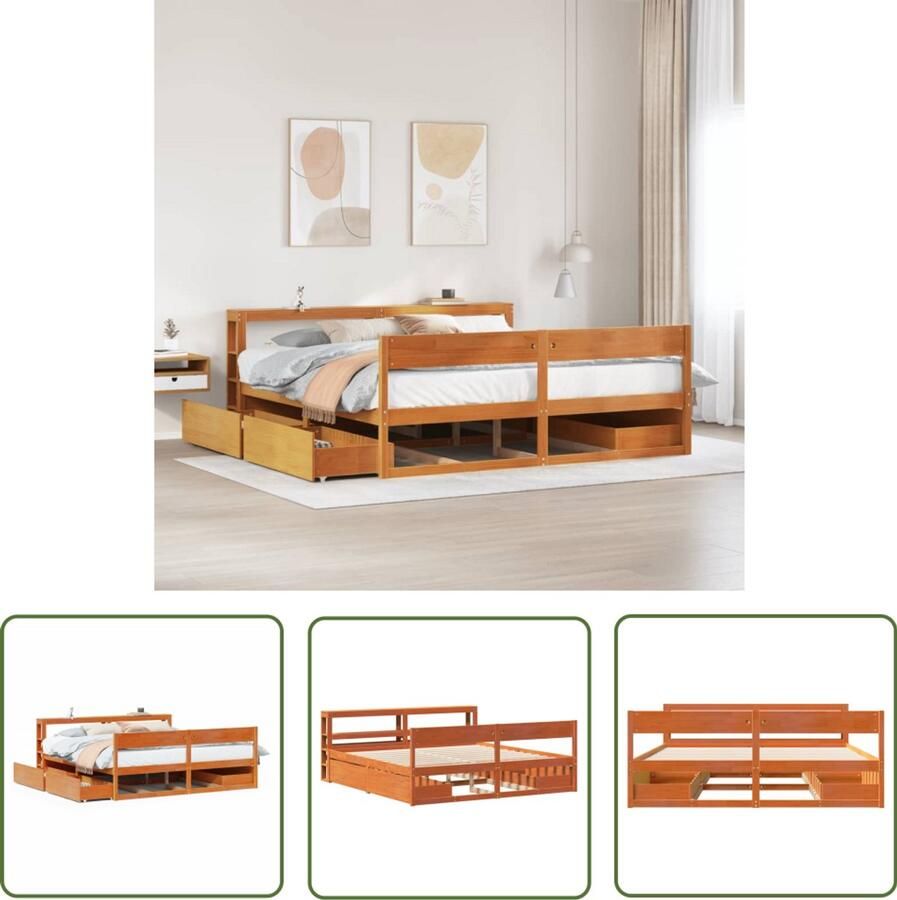 VidaXL Bedframe zonder matras massief grenenhout wasbruin 200x200 cm Bedframe Houten Bed Grenenhouten Bed Met Lades Tweepersoonsbed