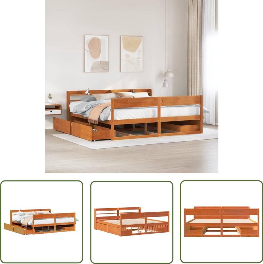 VidaXL Bedframe zonder matras massief grenenhout wasbruin 200x200 cm Bedframe Houten Bed Massief Grenenhout Bed Met Lades Boxspring Bed