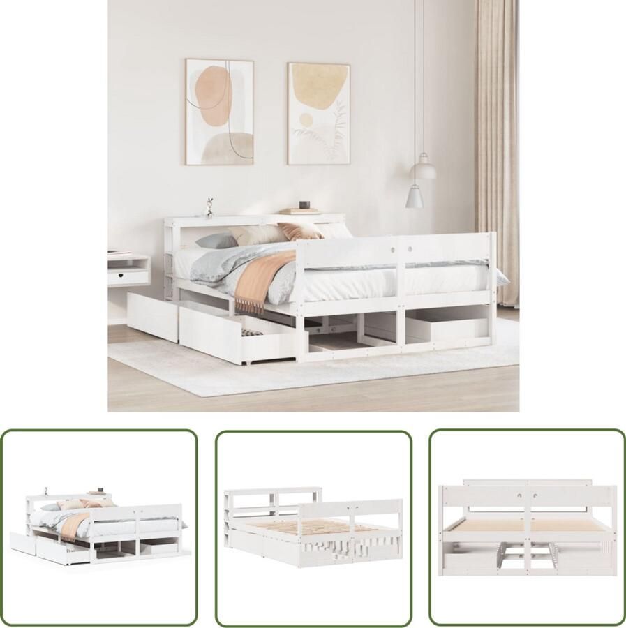 VidaXL Bedframe zonder matras massief grenenhout wit 135x190 cm Bedframe Houten Bed Met Laden Slaapkamersdecoratie Design Bed