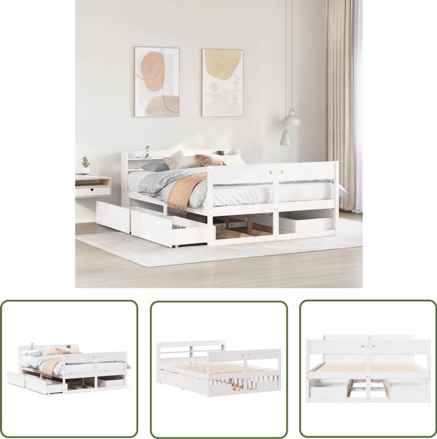 VidaXL Bedframe zonder matras massief grenenhout wit 160x200 cm Bedframe Houten Bed Met Lades Slaapkamervloerisolator Boxspring Alternatief