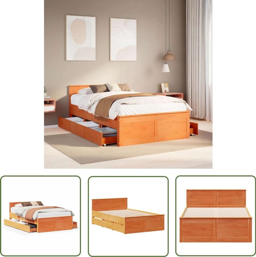 VidaXL Bedframe zonder matras met hoofdbord hout wasbruin 120x190 cm Bedframe Houten Bed Met Lades Slaapkamers Grenenhout