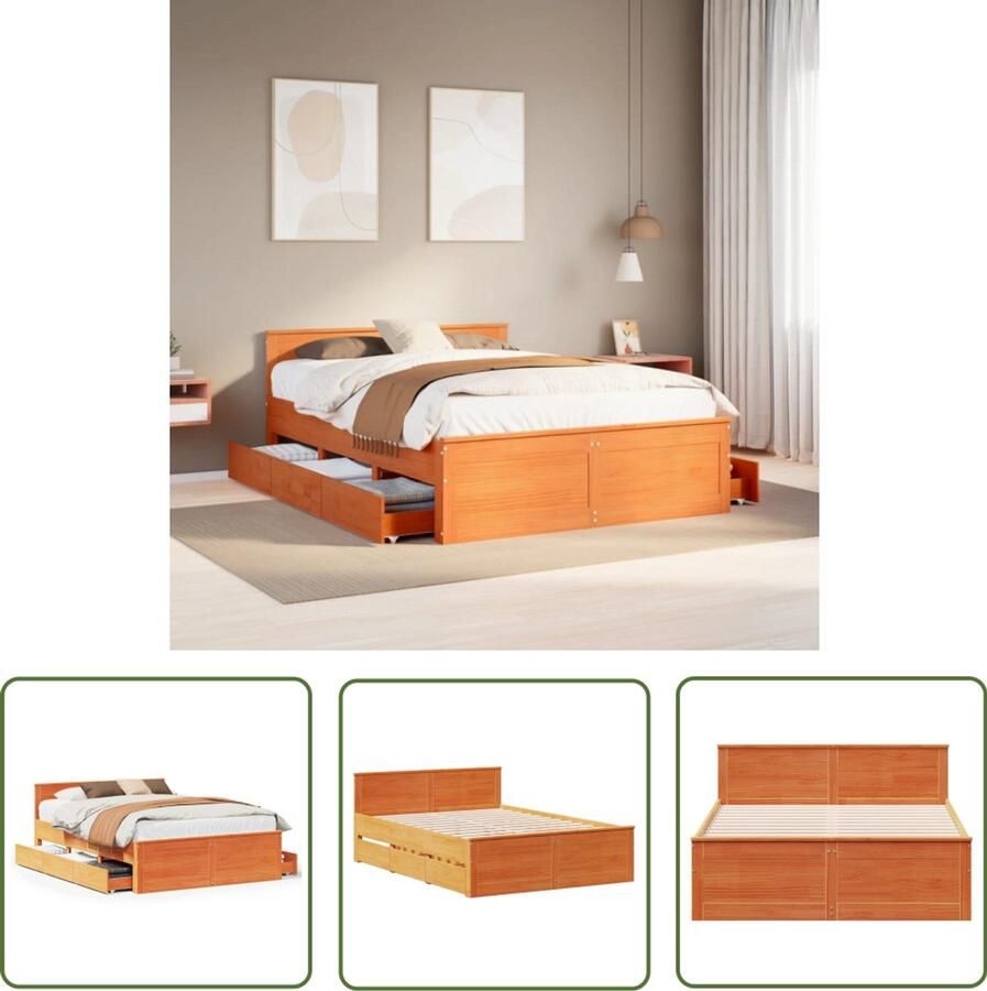 VidaXL Bedframe zonder matras met hoofdbord hout wasbruin 140x200 cm Bedframe Houten Bed Met Hoofdbord Massief Grenenhout Wasbruin Bed