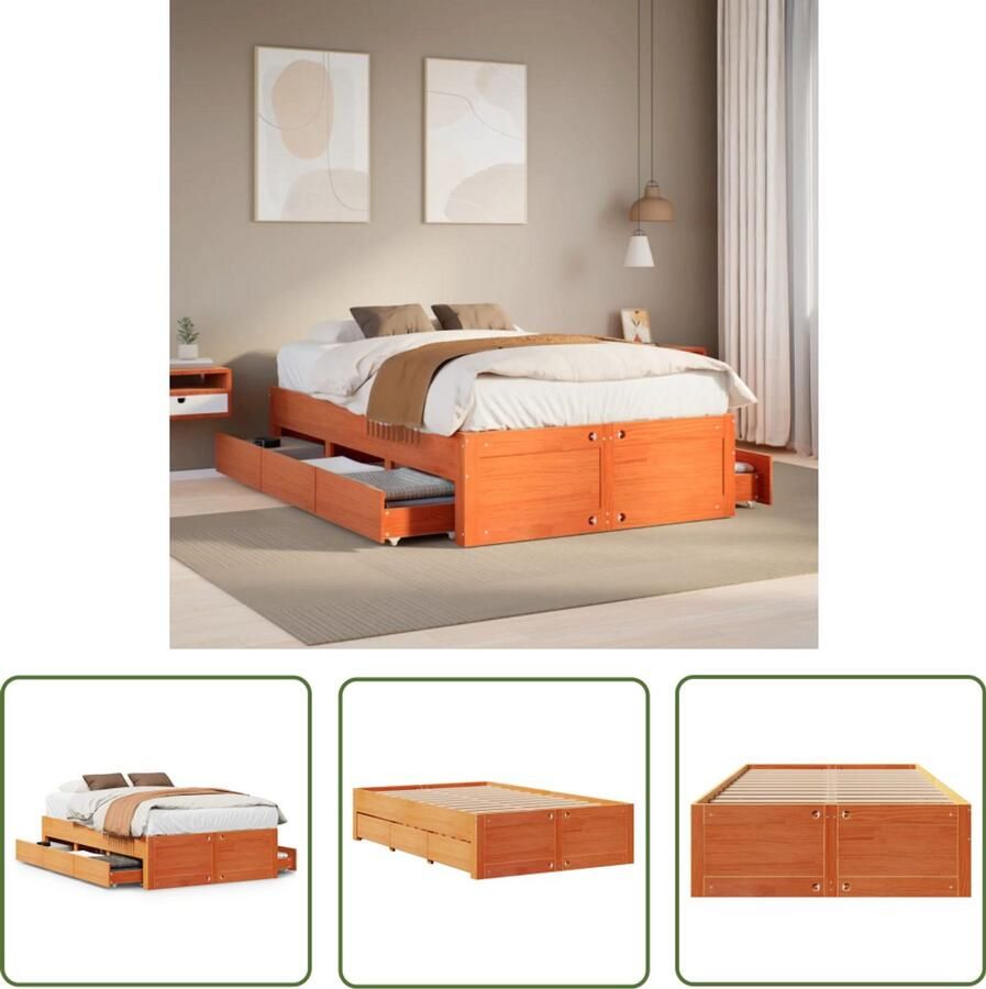 VidaXL Bedframe zonder matras met lades grenenhout wasbruin 135x190 cm Bedframe Houten Bed Met Lades Grenen Hout Kingsize Bed