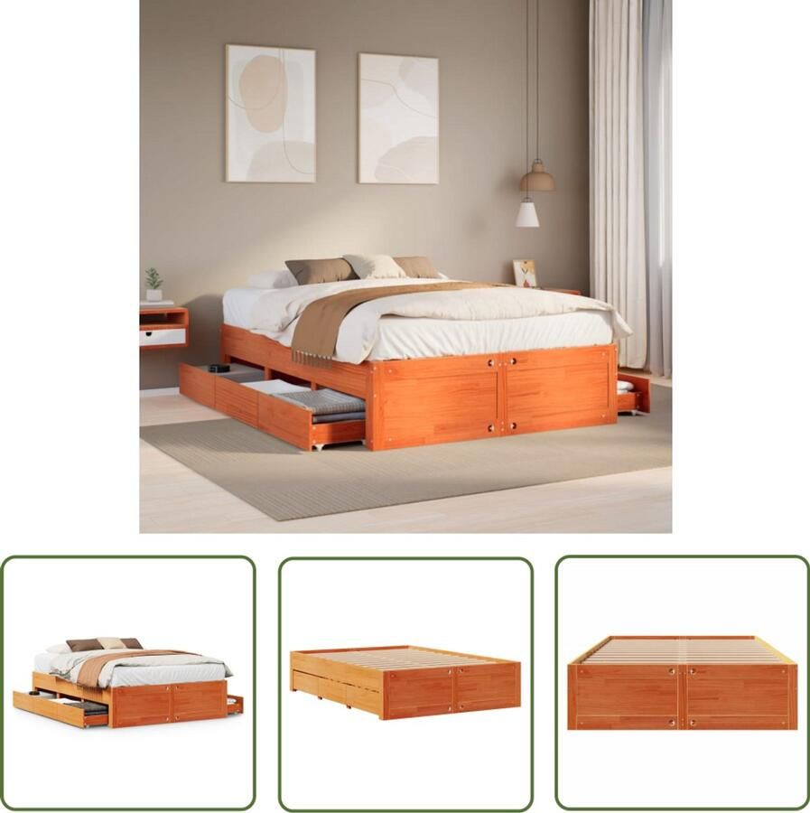 VidaXL Bedframe zonder matras met lades grenenhout wasbruin 140x200 cm Bedframe Houten Bed Met Lades Slaapkamers Grenenhout