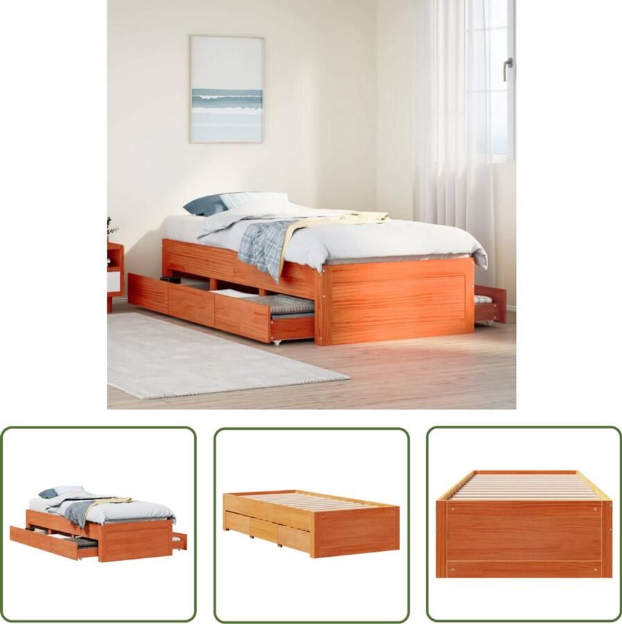 VidaXL Bedframe zonder matras met lades grenenhout wasbruin 90x200 cm Bedframe Houten Bed Slaapcomfort Grenenhout Wasbruin