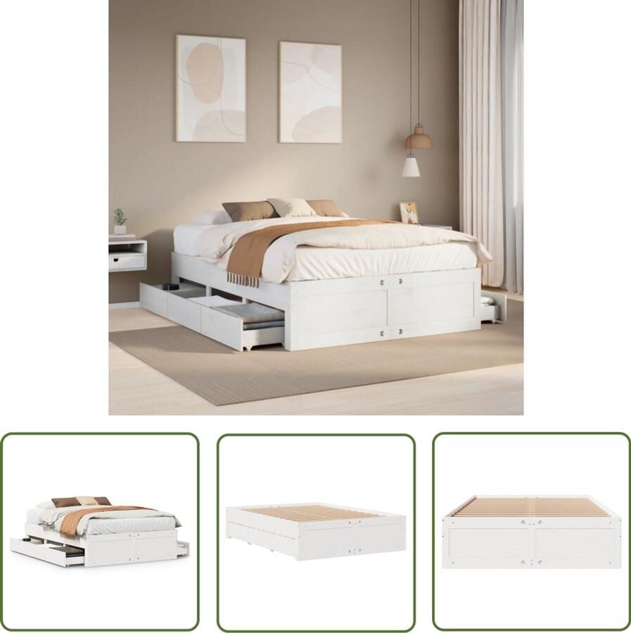 VidaXL Bedframe zonder matras met lades grenenhout wit 140x190 cm Bedframe Houten Bed Grenen Hout Bed Met Lades Slaapkamer