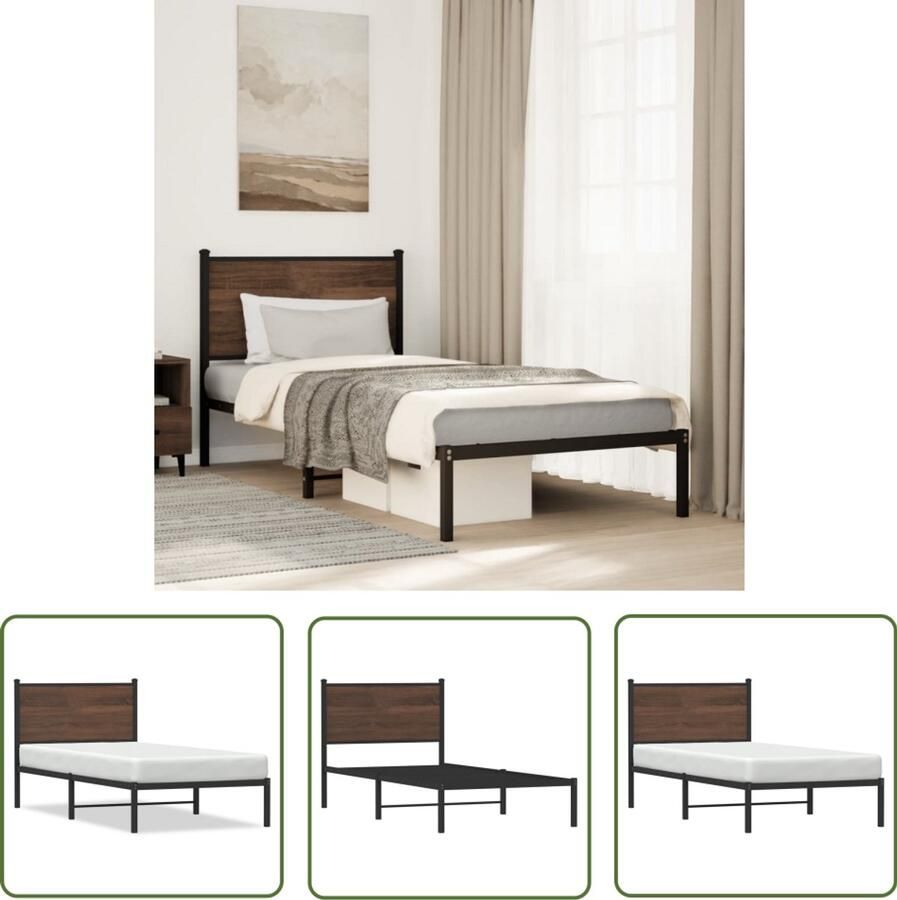 VidaXL Bedframe zonder matras metaal bruin eikenkleurig 80x200 cm Bedframe Houten Bed Staal Bedframe Bruin Bed Tweepersoonsbed