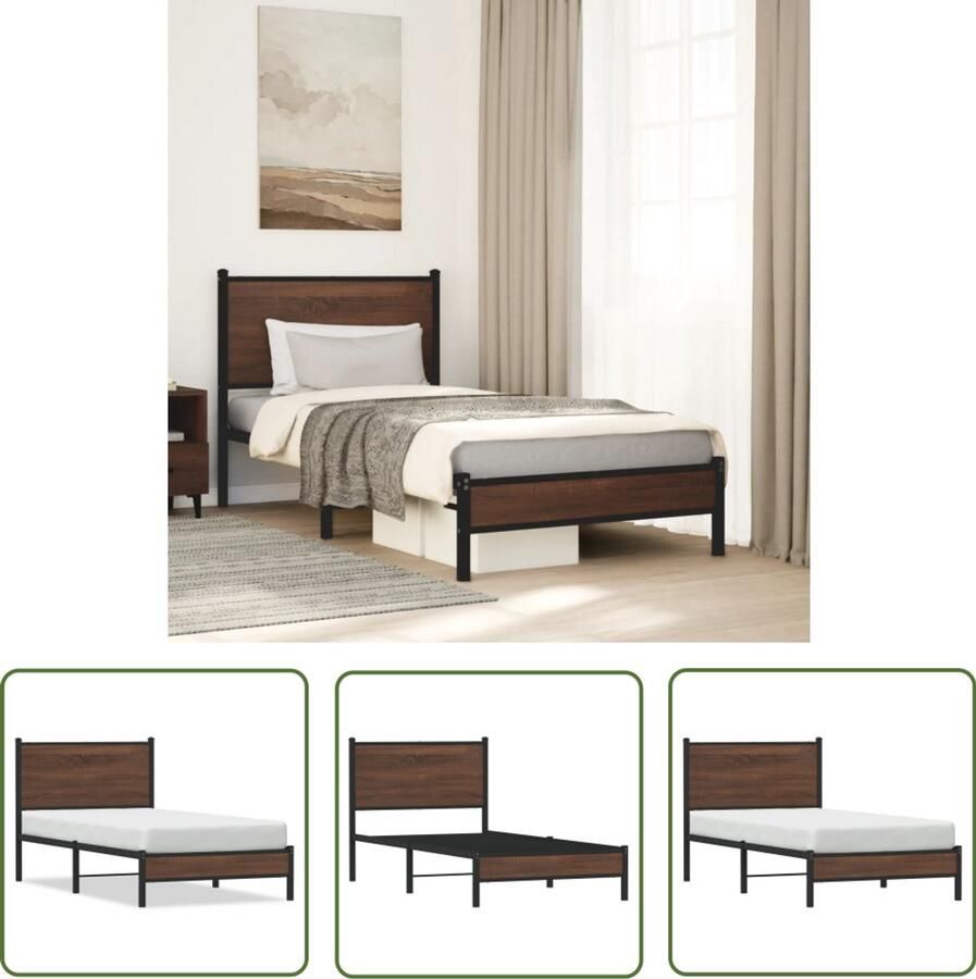 VidaXL Bedframe zonder matras metaal bruin eikenkleurig 90x200 cm Bedframe Houten Bed Staal Bedframe Tweepersoonsbed Enkelbed