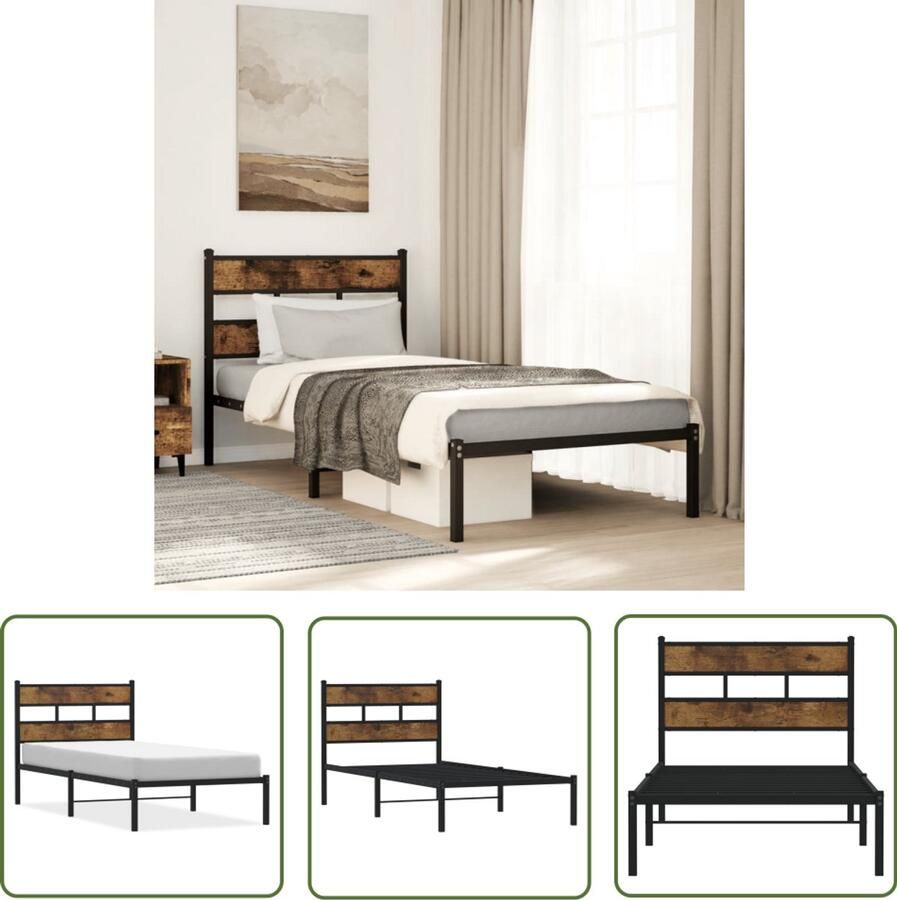 VidaXL Bedframe zonder matras metaal gerookt eikenkleurig 100x200 cm Bedframe Houten Bed Metalen Bed Tweepersoonsbed Enkelbed