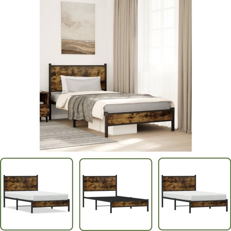 VidaXL Bedframe zonder matras metaal gerookt eikenkleurig 107x203 cm Bedframe Houten Bed Slaapkamerr Boxspring Tweepersoonsbed