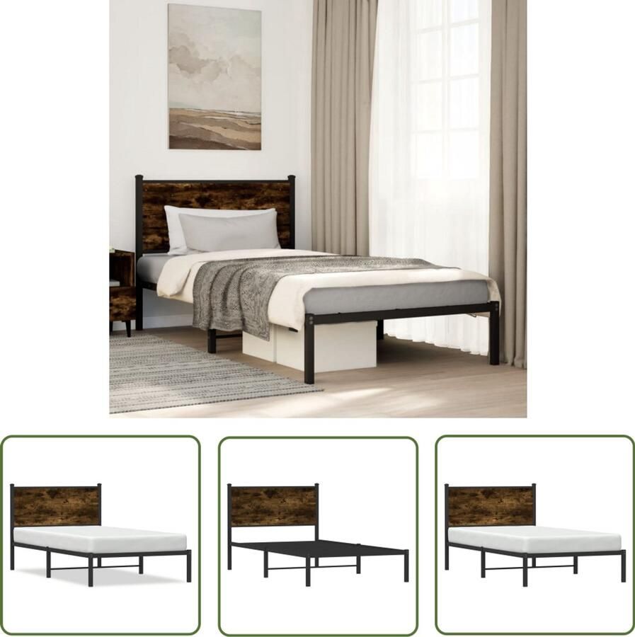 VidaXL Bedframe zonder matras metaal gerookt eikenkleurig 107x203 cm Bedframe Houten Bed Staal Bed Bruine Bed Tweepersoonsbed