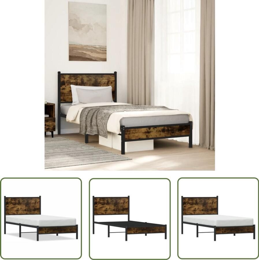 VidaXL Bedframe zonder matras metaal gerookt eikenkleurig 90x190 cm Bedframe Houten Bed Staal Bed Bruine Bed Tweepersoonsbed