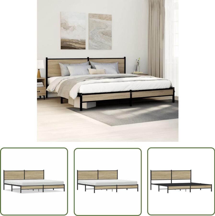 VidaXL Bedframe zonder matras metaal sonoma eikenkleur 200x200 cm Bedframe Houten Bed Metalen Bed Slaapkamers