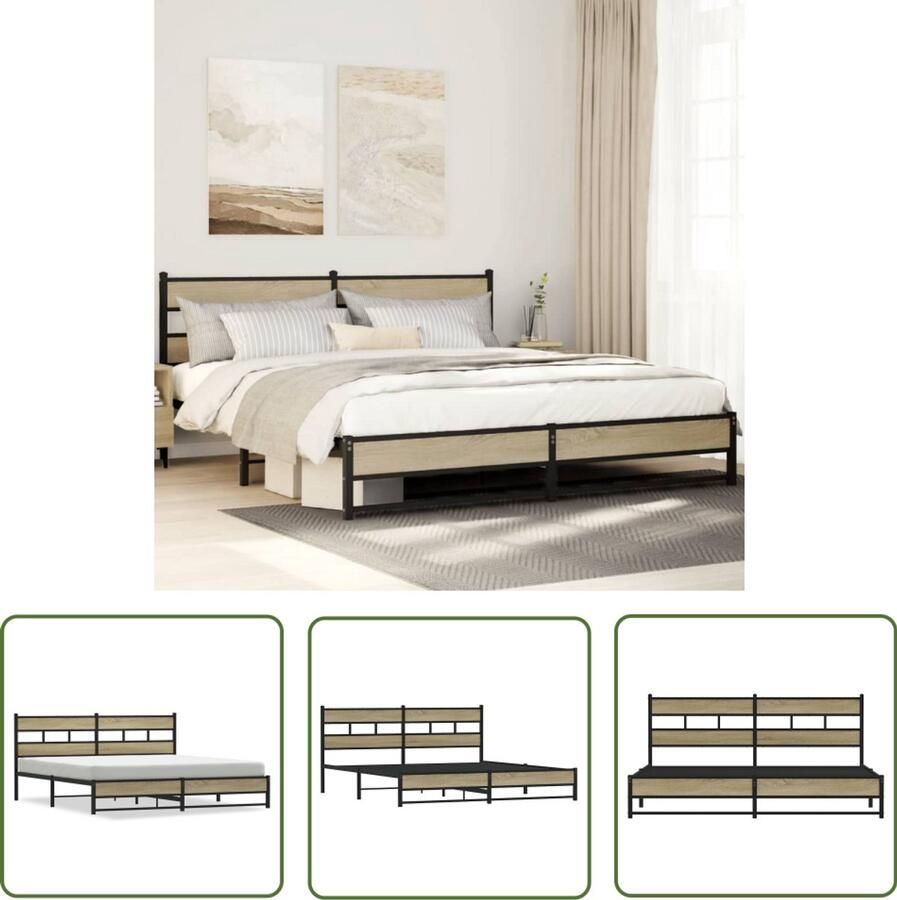 VidaXL Bedframe zonder matras metaal sonoma eikenkleur 200x200 cm Bedframe Houten Bed Metalen Bedframe Slaapkamers Sonoma Eiken