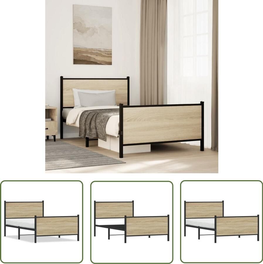 VidaXL Bedframe zonder matras metaal sonoma eikenkleurig 107x203 cm Bedframe Houten Bed Staal Bedframe Sonoma Eiken Tweepersoonsbed