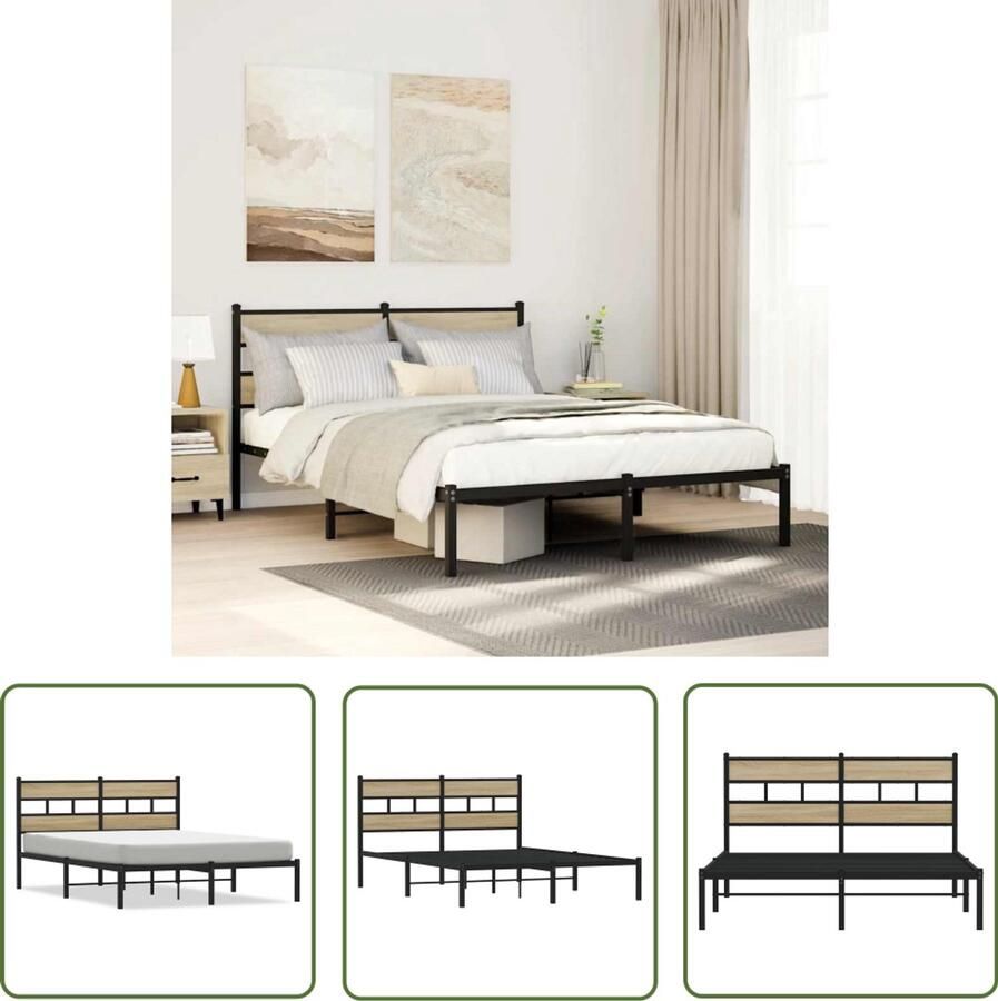 VidaXL Bedframe zonder matras metaal sonoma eikenkleurig 135x190 cm Bedframe Houten Bed Metalen Bed Tweepersoonsbed Kingsize Bed