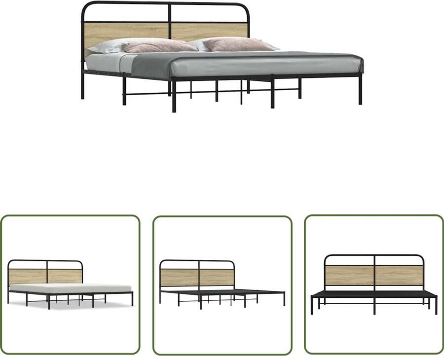 VidaXL Bedframe zonder matras metaal sonoma eikenkleurig 180x200 cm Bedframe Houten Bed Met Hoofdbord Sonoma Eiken Kleur Tweepersoonsbed