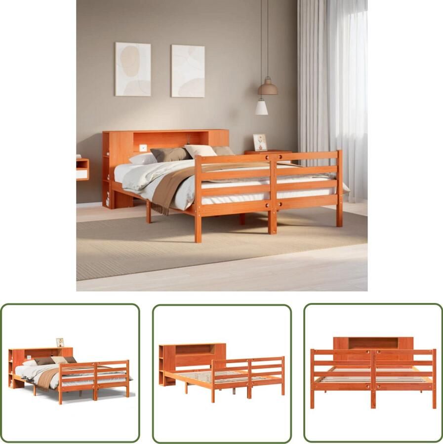 VidaXL Bed met boekenkast zonder matras grenenhout wasbruin 140x190 cm Boekenkasten Bed Houten Bed Slaapkamersdecoratie Tweepersoonsbed Bed Met Opbergruimte